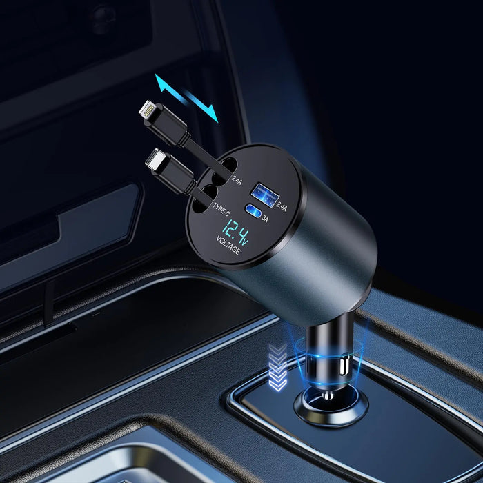 Retractable Car Charger, 4 in 1 Fast Car Phone Charger 66W, Retractable Cables and USB Car Charger,Compatible with iPhone 15/14/13/12/11,Galaxy,Pixel